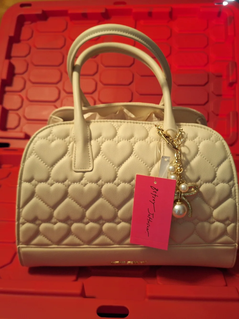 Betsey Johnson Cream Quilted Heart Satchel with Charm
